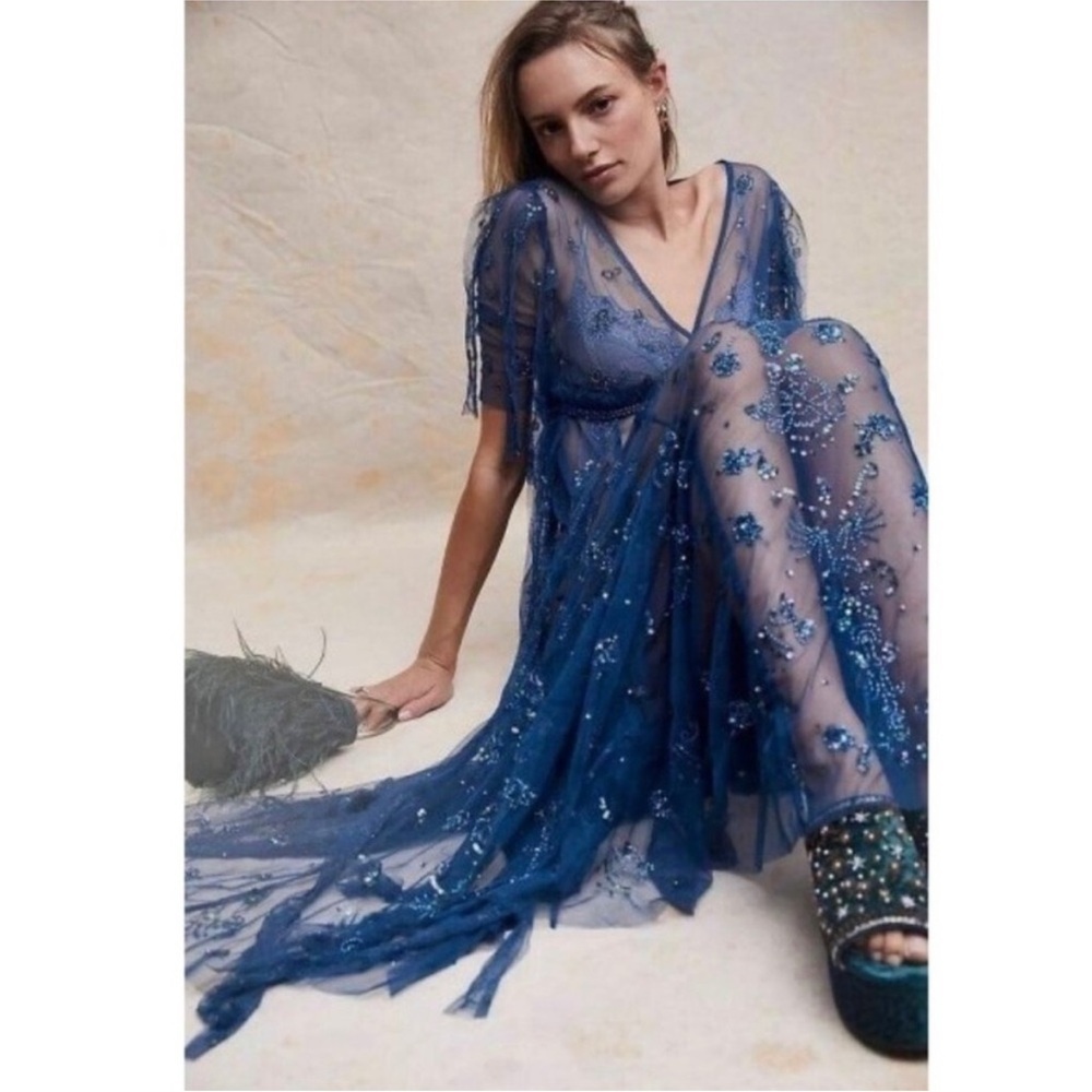 Free People Sheer Embellished Maxi Dress in Deep Blue - Picture 7 of 10